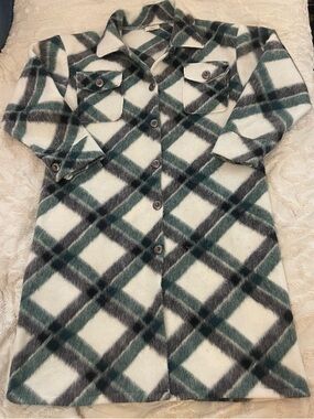 Elan White, Green & Gray Plaid Button-Front Trench Coat